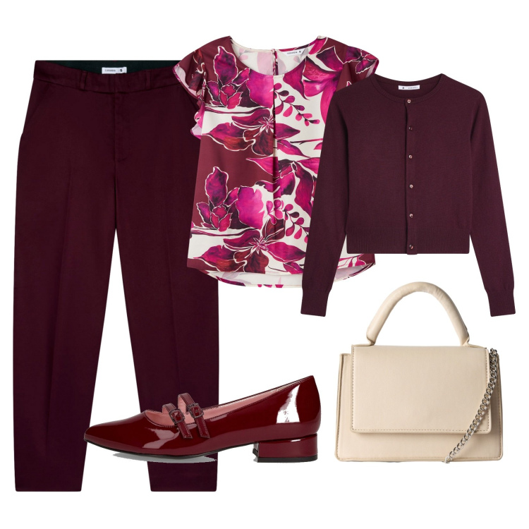 Outfit donna - Bordeaux con contrasti. Stile Bon Ton per Serata fuori. Abbinamento con bluse, pantaloni chino, borse a tracolla, cardigans, ballerine.
