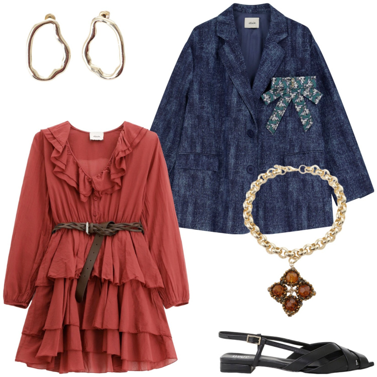 Outfit donna - Dettagli. Stile Casual chic per Tutti i giorni. Abbinamento con sandali, vestiti corti, collane, orecchini, blazer.