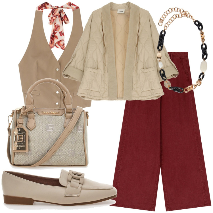 Outfit donna - Gilet all\'americana. Stile Chic per Serata fuori. Abbinamento con pantaloni, top, giacche, mocassini, collane, borse a tracolla.