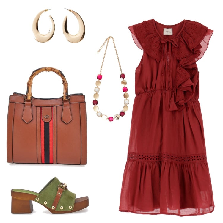 Outfit donna - Romantique Rouge. Stile Casual chic per Serata fuori. Abbinamento con orecchini, vestiti corti, borse a tracolla, collane, zoccoli.