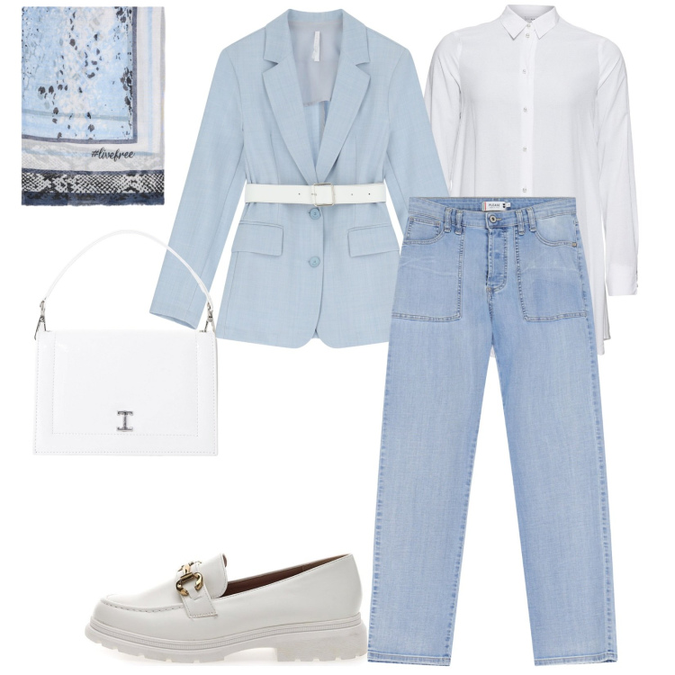 Outfit donna - Tempo libero. Stile Casual per Ufficio. Abbinamento con camicie, jeans dritti, blazer, borse a tracolla, mocassini, foulard.