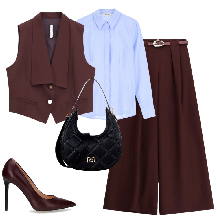 Outfit donna - Prugna. Stile Trendy per Tutti i giorni. Abbinamento con borse a tracolla, pantaloni a palazzo, gilet, camicie, décolleté.