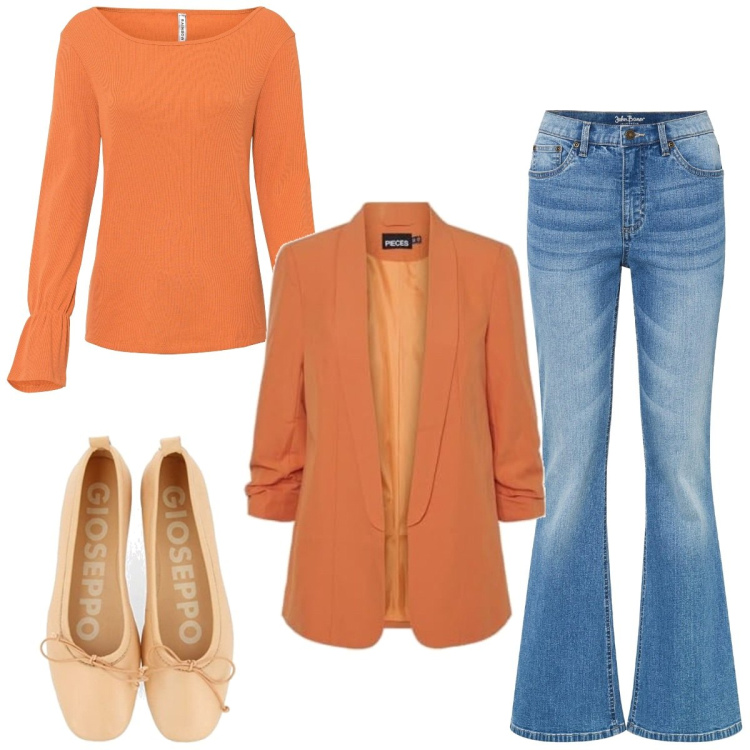 Outfit femme - Citrouille tendance. Style Tendance pour Tous les jours. Assortir avec jean patte d'éléphant, t-shirts, ballerines, blazers.