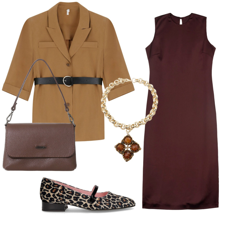 Outfit donna - Total look #2245381. Stile Minimal per Ufficio. Abbinamento con blazer, borse a tracolla, collane, vestiti midi/longuette, ballerine.