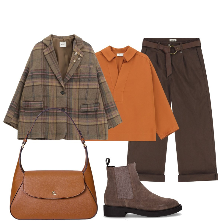 Outfit donna - Toni caldi autunnali per Dixie. Stile Casual chic per Tutti i giorni. Abbinamento con camicie, pantaloni, blazer, borse a spalla, stivaletti chelsea.