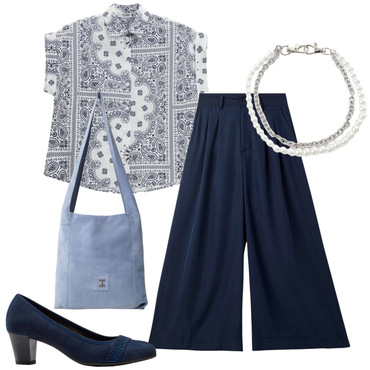 Outfit donna - Giornata in blu. Stile Urban per Ufficio. Abbinamento con décolleté, pantaloni, camicie a manica corta, borse a tracolla, braccialetti.