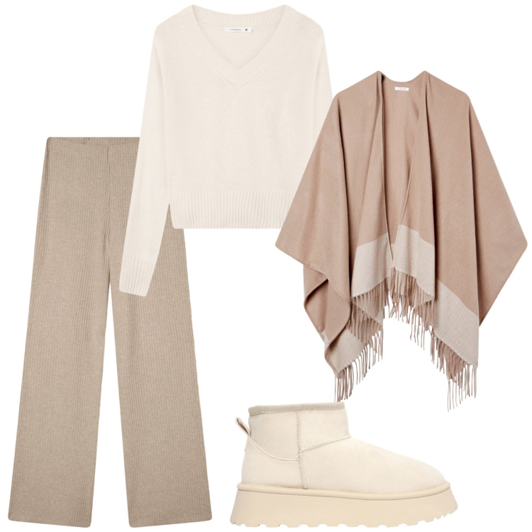 Outfit donna - Cioccolata calda. Stile Basic per Tutti i giorni. Abbinamento con pantaloni, maglieria, cappe, stivaletti.