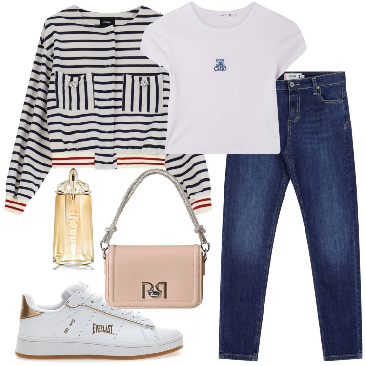 Outfit donna - Giacca a righe e jeans. Stile Casual per Tutti i giorni. Abbinamento con profumi, t-shirt, borse a mano, jeans skinny, blazer, sneakers.