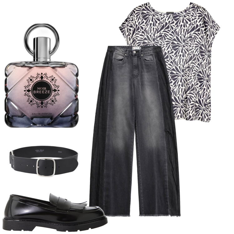 Outfit donna - City. Stile Urban per Ufficio. Abbinamento con profumi, jeans, mocassini, cinture, t-shirt.