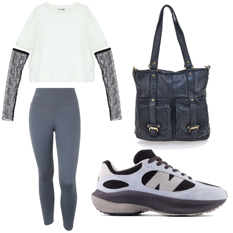 Outfit donna - Sportiva con stile. Stile Sporty chic per Sport. Abbinamento con sneakers, t-shirt, leggings, borse a spalla.