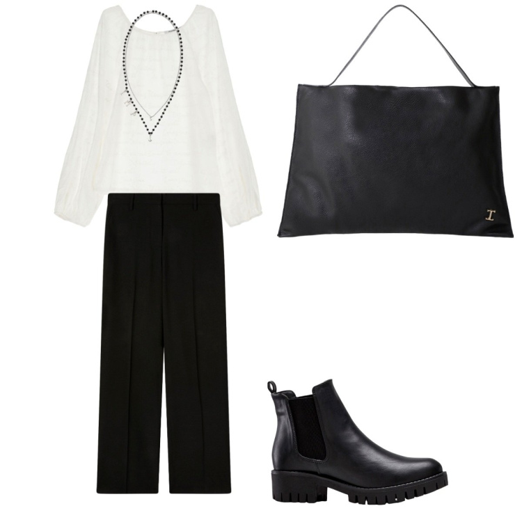 Outfit donna - Minimal chic. Stile Casual chic per Tutti i giorni. Abbinamento con stivaletti chelsea, pantaloni a palazzo, camicie, borse a spalla, collane.