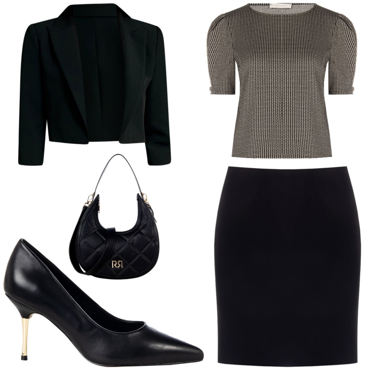 Outfit donna - Nuova collezione Rinascimento. Stile Glamour per Serata fuori. Abbinamento con minigonne, bluse, borse a tracolla, décolleté, bolero.
