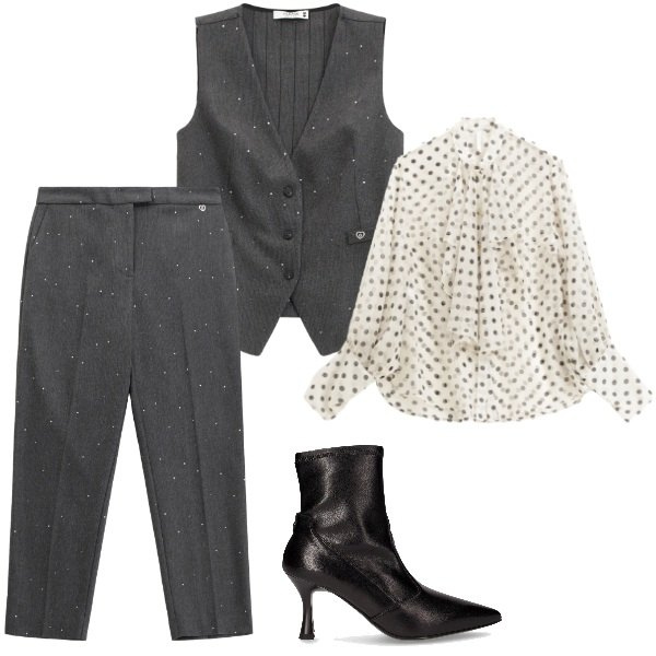 Outfit donna - in ufficio post ferie. Stile Casual per Ufficio. Abbinamento con pantaloni, gilet, camicie, stivaletti.