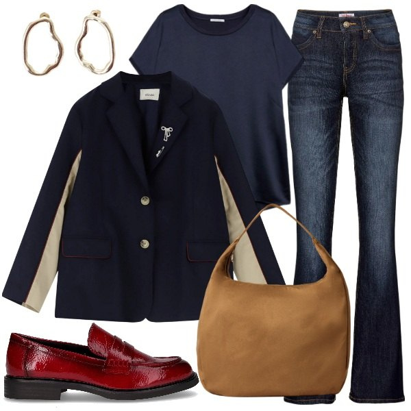 Outfit donna - scarpe rosse. Stile Basic per Tutti i giorni. Abbinamento con jeans bootcut, borse a mano, orecchini, blazer, t-shirt, mocassini.