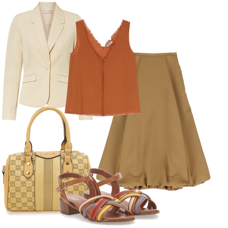 Outfit donna - Verso l\' autunno. Stile Glamour per Tutti i giorni. Abbinamento con blazer, gonne longuette, top, sandali col tacco, borse a spalla.