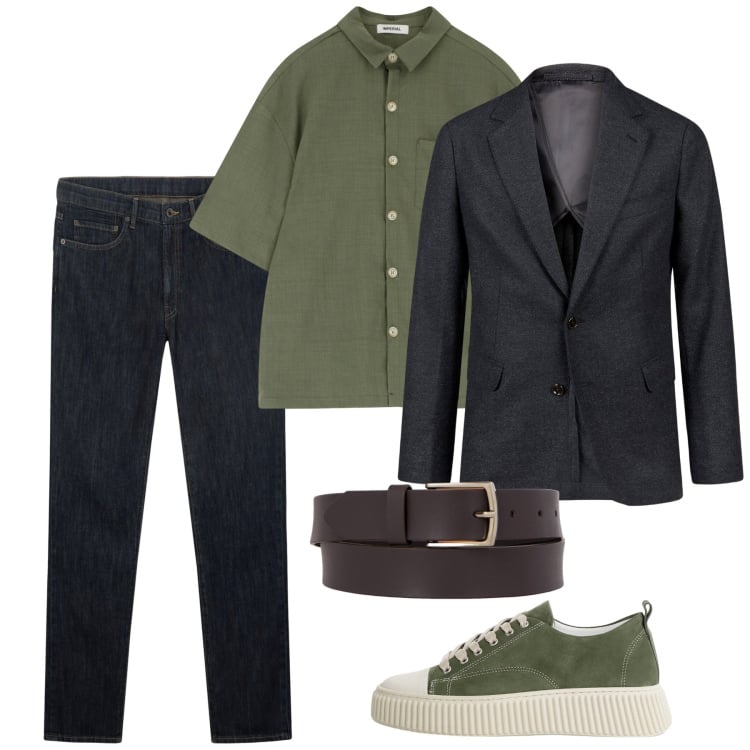 Outfit uomo - Settembre. Stile Casual per Tutti i giorni. Abbinamento con sneakers, camicie a manica corta, cinture, giacche, jeans.