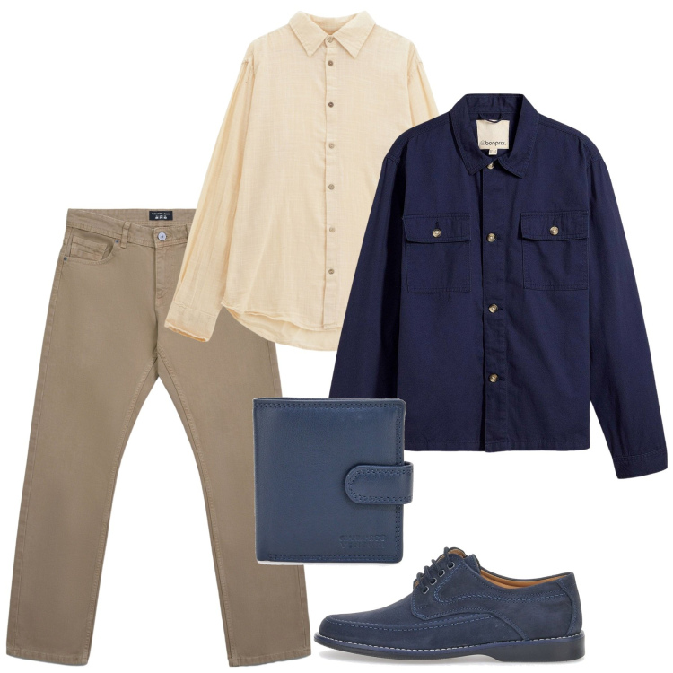 Outfit uomo - Settembre. Stile Casual per Tutti i giorni. Abbinamento con giacche, jeans, camicie, portafogli, scarpe stringate.