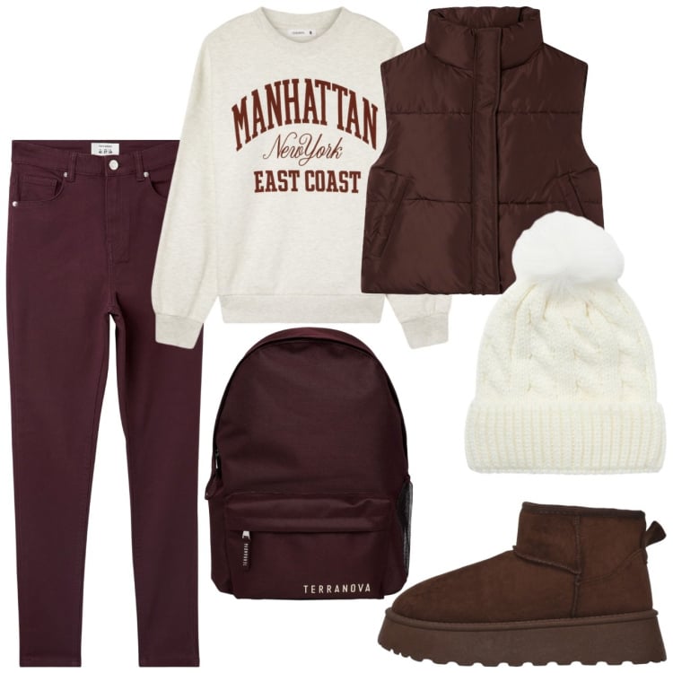 Outfit donna - Weekend all\'aperto. Stile Casual per Tutti i giorni. Abbinamento con pantaloni skinny, felpe, stivaletti, piumini, zaini, berretti.