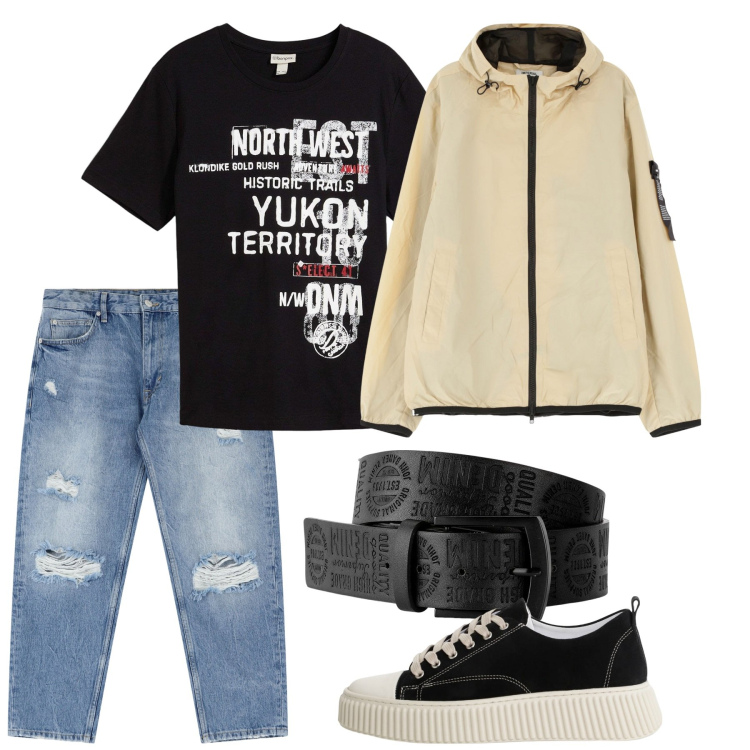 Outfit uomo - Settembre. Stile Urban per Tutti i giorni. Abbinamento con cinture, t-shirt, sneakers, giacche, jeans strappati.