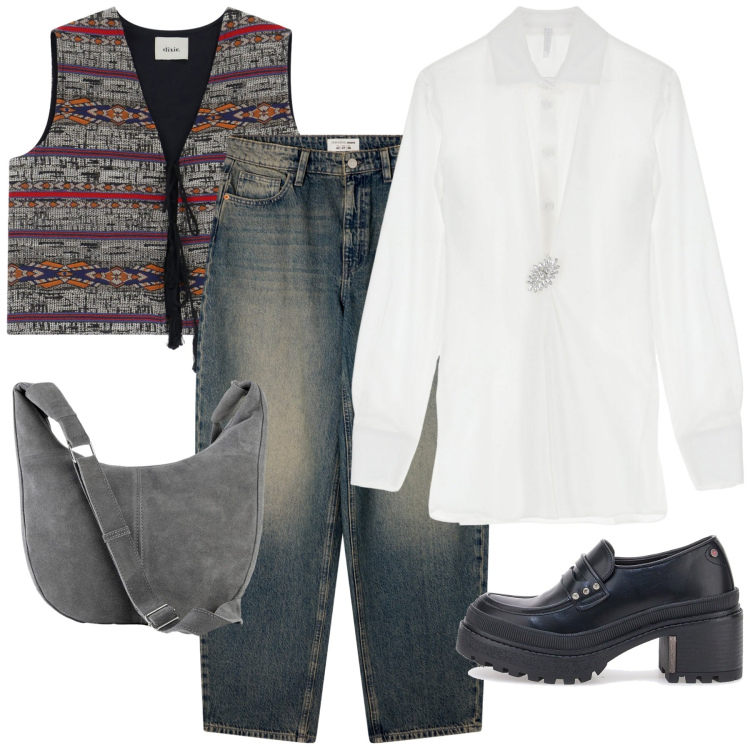 Outfit donna - Total look #2245454. Stile Minimal per Tutti i giorni. Abbinamento con borse a mano, jeans, camicie, gilet, stivaletti.