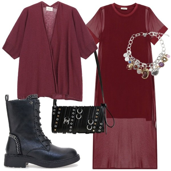 Outfit donna - bordeaux rock. Stile Rock per Serata fuori. Abbinamento con borse a spalla, cardigans, braccialetti con ciondoli, vestiti midi/longuette, anfibi.