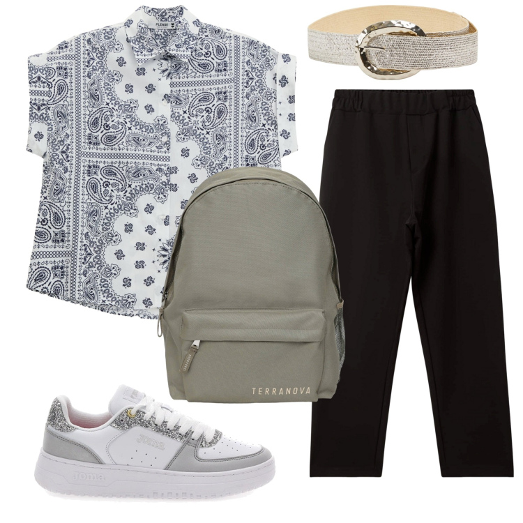 Outfit donna - A scuola. Stile Basic per Scuola/Università. Abbinamento con cinture, zaini, pantaloni, camicie a manica corta, sneakers.