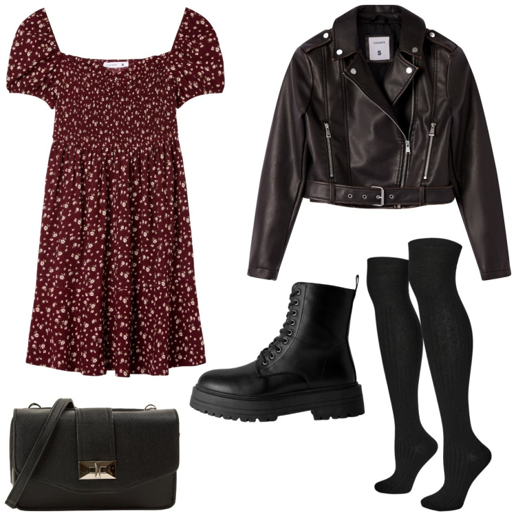 Outfit donna - Serata con le amiche al pub. Stile Rock per Serata fuori. Abbinamento con vestiti corti, giacche, borse a tracolla, anfibi, calzini.