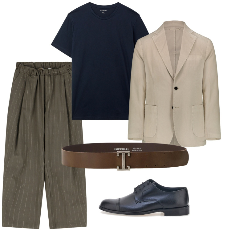 Outfit uomo - Settembre. Stile Casual per Tutti i giorni. Abbinamento con t-shirt, cinture, pantaloni, giacche, scarpe stringate.