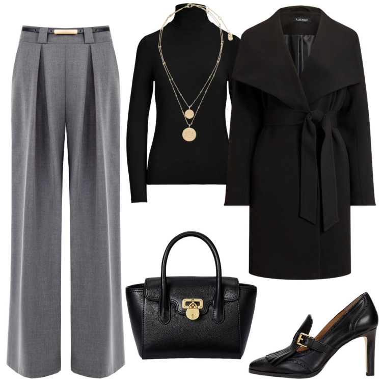 Outfit donna - Maglia collo alto pantaloni palazzo. Stile Casual chic per Tutti i giorni. Abbinamento con pantaloni a palazzo, ciondoli, décolleté, top, borse a mano, cappotti.