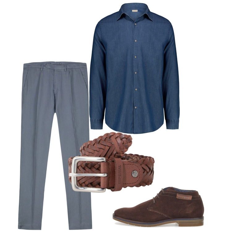 Outfit uomo - Settembre. Stile Casual per Tutti i giorni. Abbinamento con cinture, scarpe stringate, camicie, pantaloni.