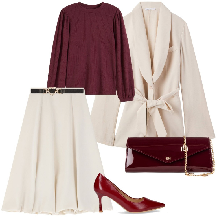 Outfit donna - Panna e bordeaux. Stile Bon Ton per Tutti i giorni. Abbinamento con maglieria, blazer, cinture, pochette, gonne longuette, décolleté.