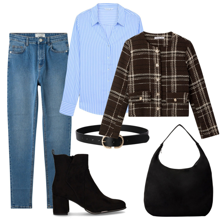 Outfit donna - Total look #2245471. Stile Casual chic per Ufficio. Abbinamento con jeans skinny, borse a mano, camicie, cinture, blazer, stivaletti.