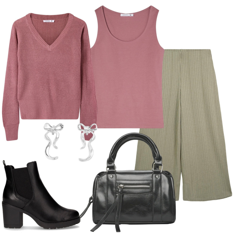 Outfit donna - Total look #2245473. Stile Casual chic per Ufficio. Abbinamento con pantaloni a palazzo, top, orecchini, borse a mano, maglieria, stivaletti chelsea.
