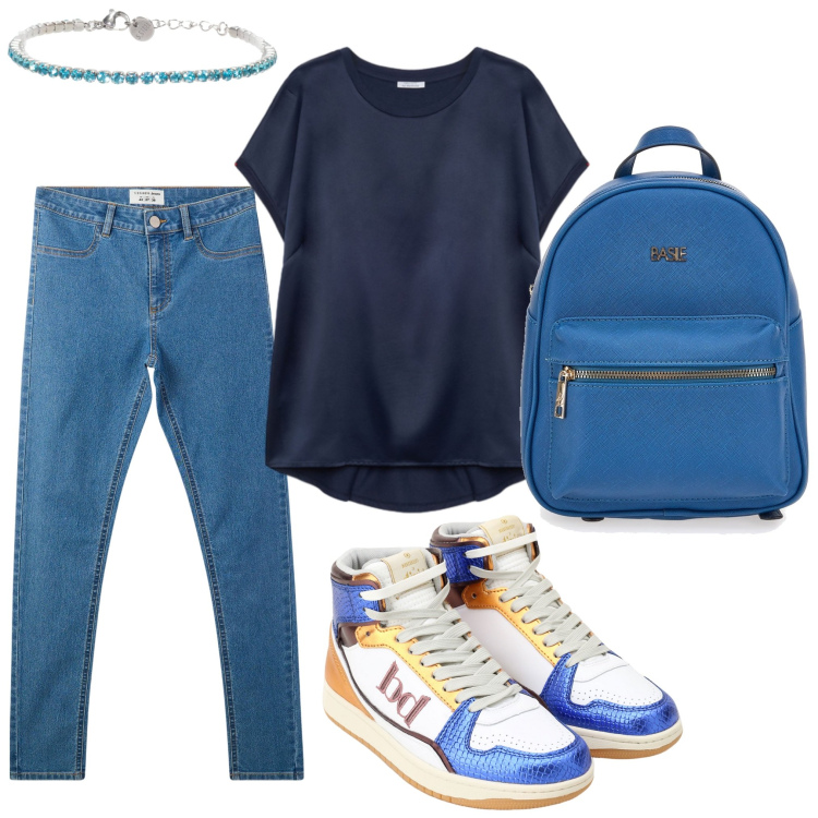 Outfit donna - A scuola 2. Stile Basic per Scuola/Università. Abbinamento con jeggings, braccialetti, sneakers alte, zaini, bluse.