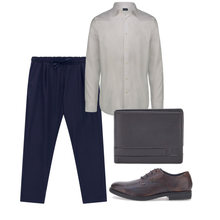 Outfit uomo - Settembre. Stile Casual per Tutti i giorni. Abbinamento con pantaloni, scarpe stringate, portafogli, camicie.