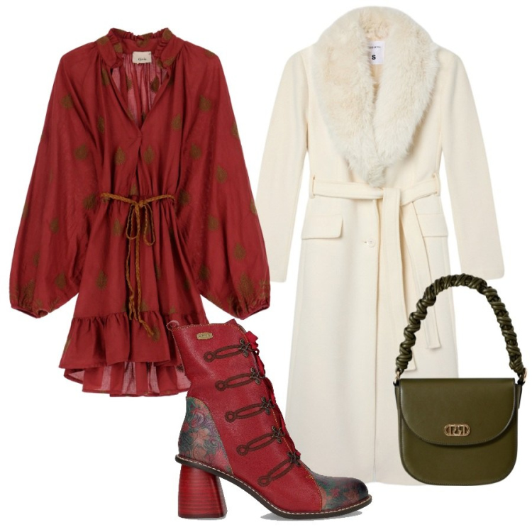Outfit donna - Bordeaux Mood. Stile Chic per Serata fuori. Abbinamento con cappotti, borse a mano, vestiti corti, stivaletti.