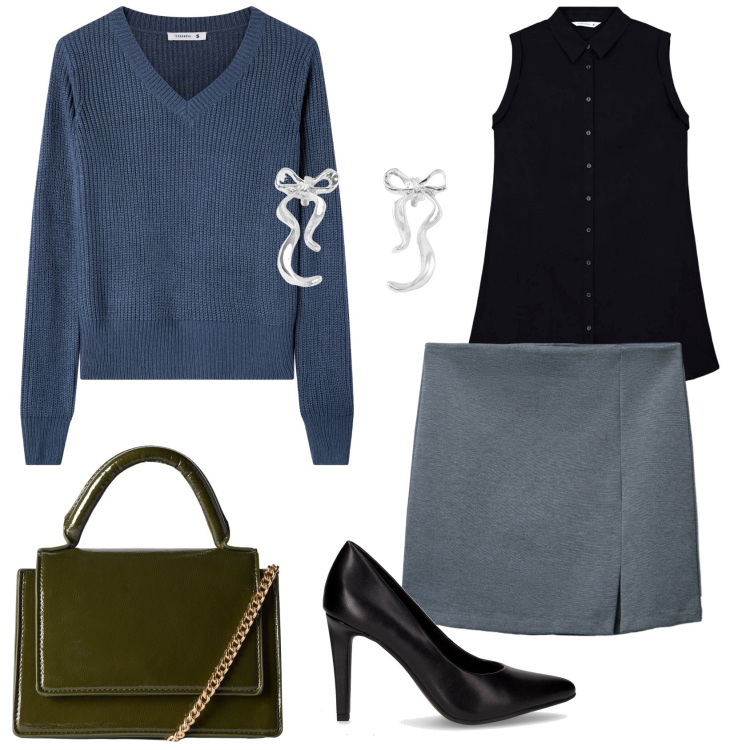 Outfit donna - Stile in nero e blu. Stile Casual chic per Ufficio. Abbinamento con maglieria, minigonne, orecchini, camicie a manica corta, borse a tracolla, décolleté.