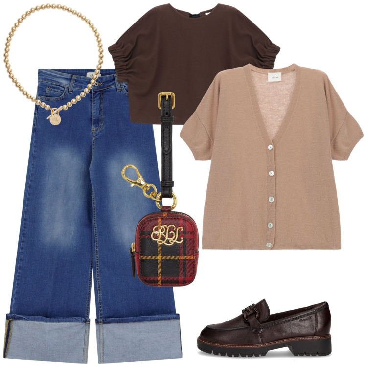 Outfit donna - A spasso con il cane. Stile Casual per Tutti i giorni. Abbinamento con jeans dritti, cardigans, felpe, pochette, collane, mocassini.