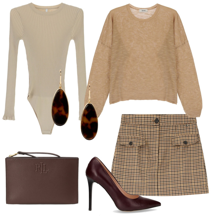 Outfit donna - Total look #2245485. Stile Casual chic per Ufficio. Abbinamento con maglieria, pullovers, gonne, pochette, orecchini, décolleté.