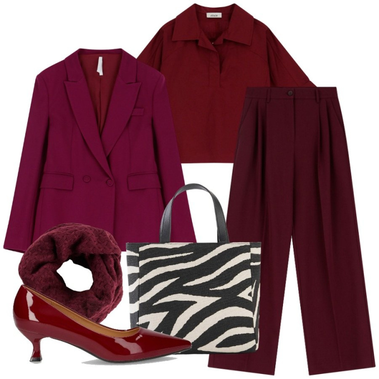 Outfit donna - Bordeaux Mood. Stile Trendy per Ufficio. Abbinamento con borse a mano, foulard, pantaloni, blazer, camicie a manica corta, décolleté.