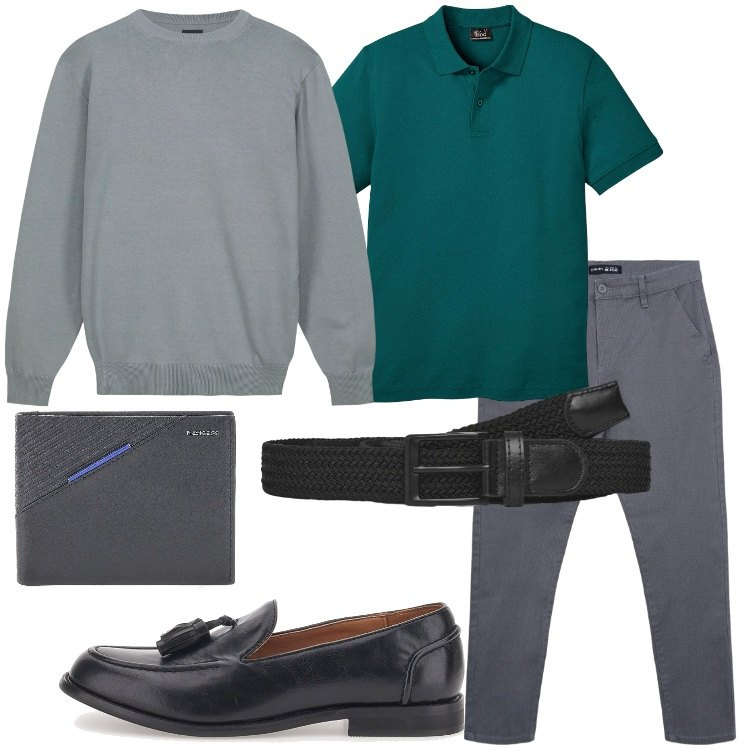 Outfit uomo - Maglione leggero sopra la polo. Stile Business/Elegante per Ufficio. Abbinamento con polo, cinture, pantaloni chino, maglieria, portafogli, scarpe stringate.
