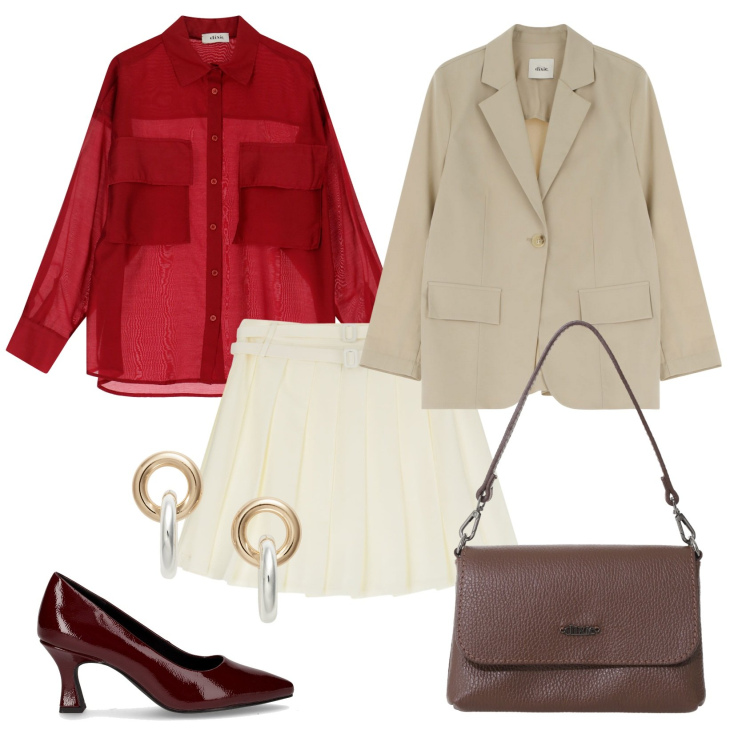 Outfit donna - Total look #2245489. Stile Casual chic per Ufficio. Abbinamento con blazer, borse a tracolla, minigonne, camicie, orecchini, décolleté.