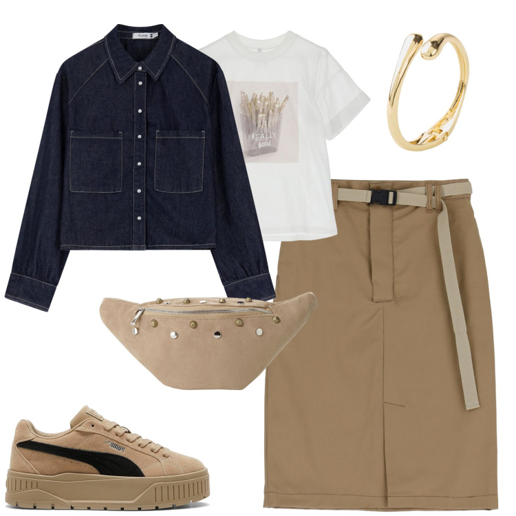 Outfit donna - Biscotto e blu denim. Stile Casual chic per Tutti i giorni. Abbinamento con braccialetti, camicie, gonne, t-shirt, marsupi, sneakers.