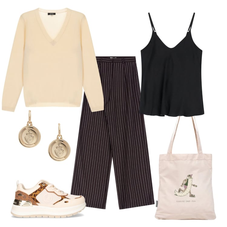 Outfit donna - Total look #2245493. Stile Casual chic per Tutti i giorni. Abbinamento con shopping bag, pantaloni, top, pullovers, orecchini, sneakers.