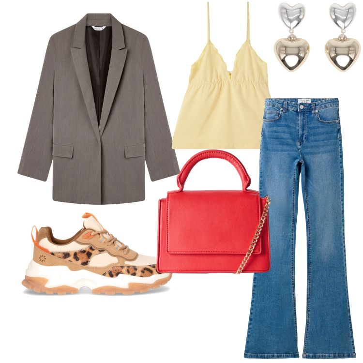 Outfit donna - Follow Summer Day. Stile Casual per Tutti i giorni. Abbinamento con jeans a zampa, blazer, canottiere, borse a tracolla, orecchini, sneakers alte.