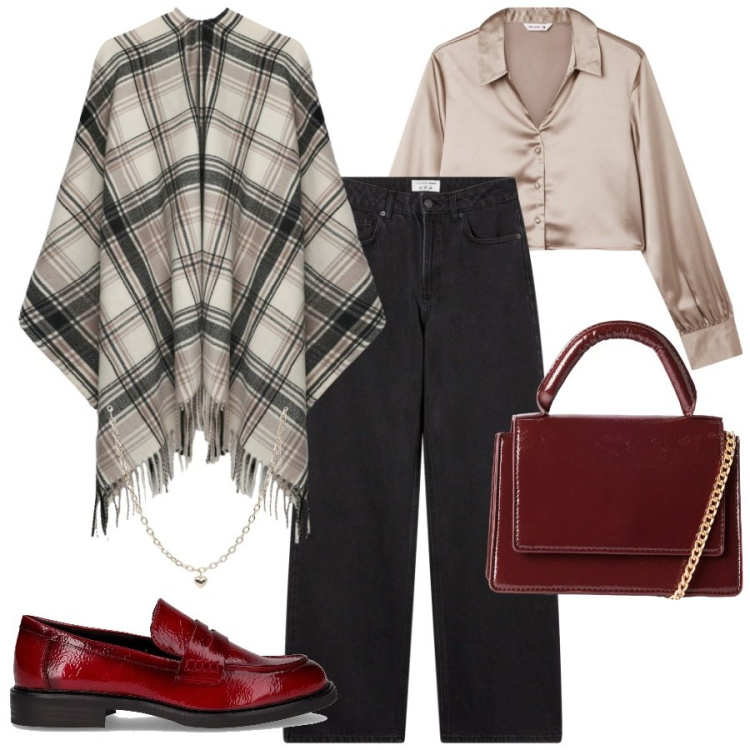 Outfit donna - Terranova - New Collection Ai26. Stile Casual chic per Ufficio. Abbinamento con camicie, collane, borse a tracolla, cappotti, jeans, mocassini.