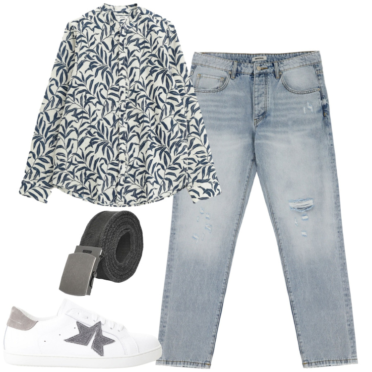 Outfit uomo - Jeans e camicia fantasia. Stile Casual per Tutti i giorni. Abbinamento con cinture, jeans strappati, sneakers, camicie.