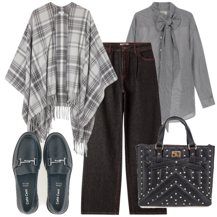 Outfit donna - Il poncho per i primi brividini. Stile Trendy per Tutti i giorni. Abbinamento con cappotti, jeans dritti, camicie, mocassini, borse a mano.