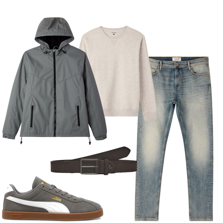 Outfit uomo - Pioggia d\'autunno. Stile Casual per Tutti i giorni. Abbinamento con jeans skinny, cinture, felpe, giacche sportive, sneakers.
