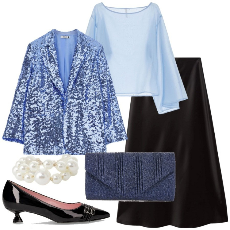 Outfit donna - Perle e paillettes. Stile Glamour per Serata fuori. Abbinamento con gonne lunghe, blazer, bluse, anelli, clutch, décolleté.